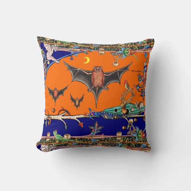 MEDIEVAL BESTIARY,FLYING BATS FOREST ANIMAL Orange Cushion (Front)