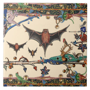 MEDIEVAL BESTIARY,FLYING BATS FOREST ANIMALS Cream Ceramic Tile