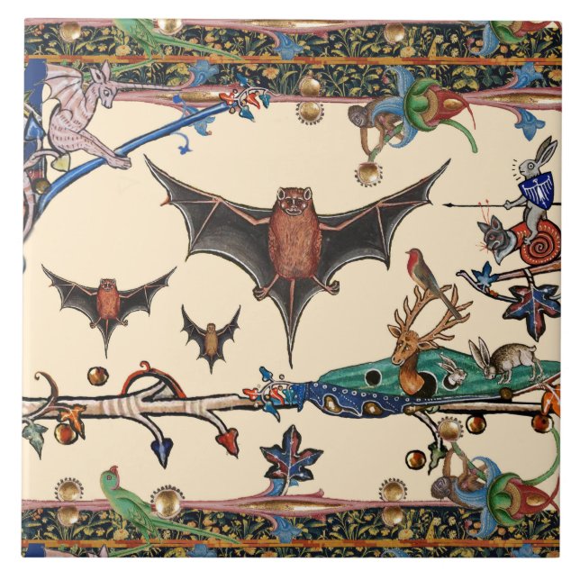 MEDIEVAL BESTIARY,FLYING BATS FOREST ANIMALS Cream Ceramic Tile (Front)
