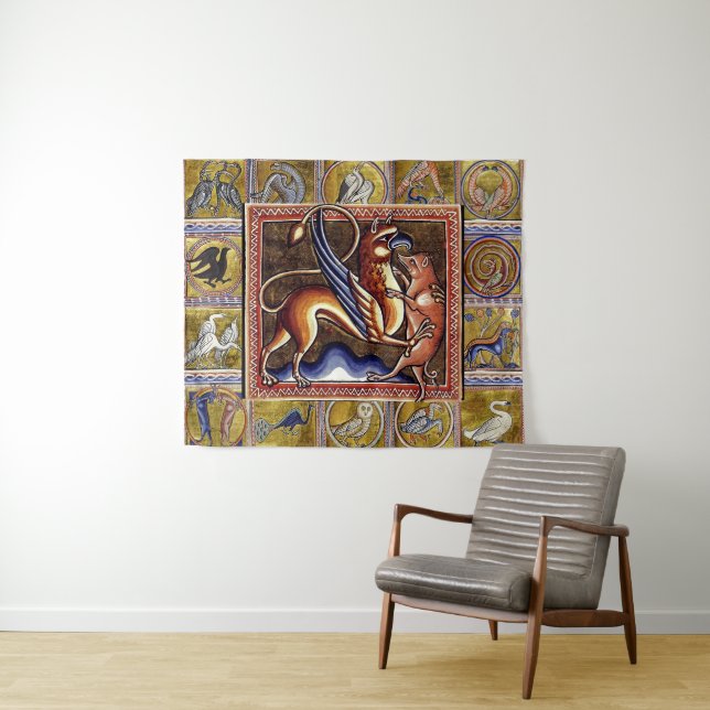 MEDIEVAL BESTIARY,GRYPHON AND WILD BOAR,ANIMALS TAPESTRY (In Situ (Horizontal))