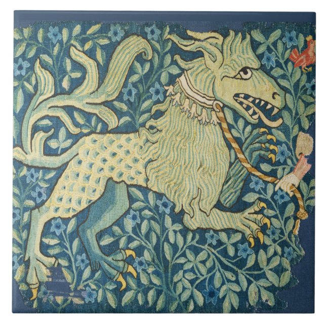 MEDIEVAL BESTIARY Lion Like Beast in Blue Ceramic Tile (Front)
