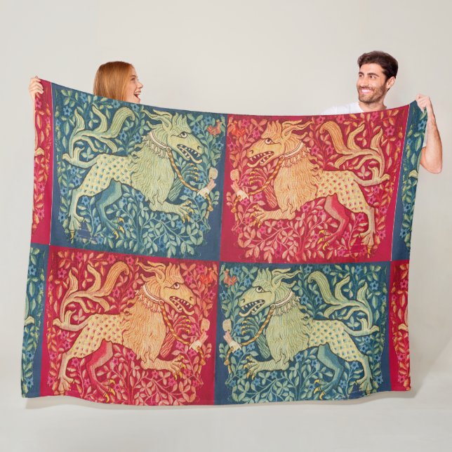 MEDIEVAL BESTIARY Lion Like Beast in Red Blue Fleece Blanket (In Situ)