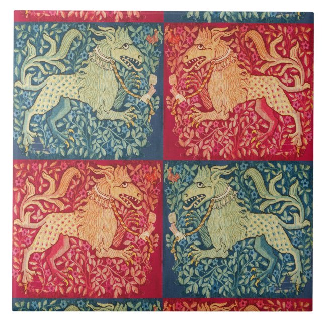 MEDIEVAL BESTIARY Lion Like Beast in Red Blue Wrap Ceramic Tile (Front)