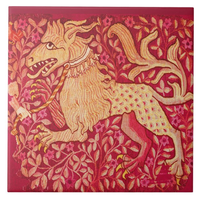 MEDIEVAL BESTIARY Lion Like Beast in Red Ceramic Tile (Front)