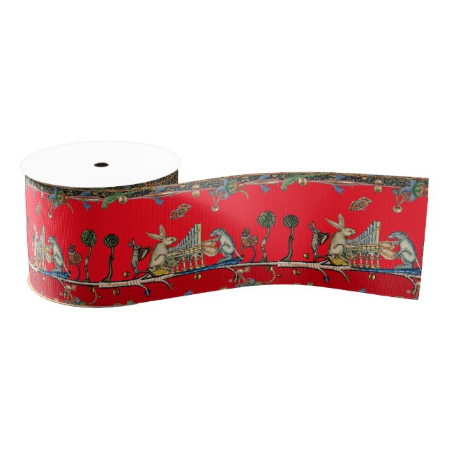 MEDIEVAL BESTIARY MAKING MUSIC,Rabbit,Dog ,Red  Grosgrain Ribbon (Spool)