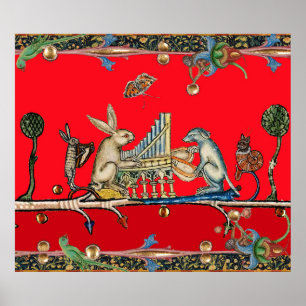 MEDIEVAL BESTIARY MAKING MUSIC,Rabbit,Dog ,Red Poster