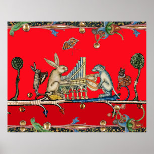 MEDIEVAL BESTIARY MAKING MUSIC,Rabbit,Dog ,Red Poster