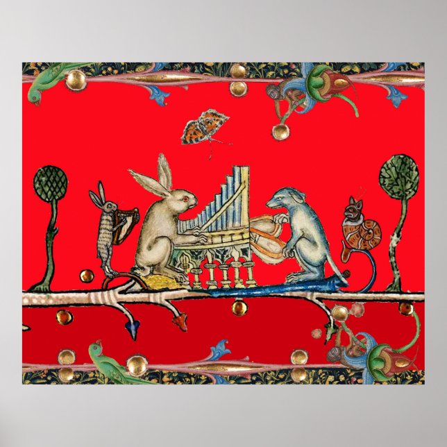 MEDIEVAL BESTIARY MAKING MUSIC,Rabbit,Dog ,Red  Poster (Front)