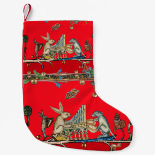 MEDIEVAL BESTIARY MAKING MUSIC,Rabbit,Dog ,Red Small Christmas Stocking