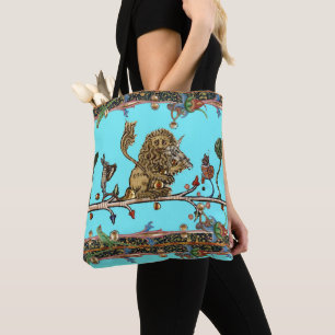 MEDIEVAL BESTIARY MAKING MUSIC Violinist Lion Blue Tote Bag