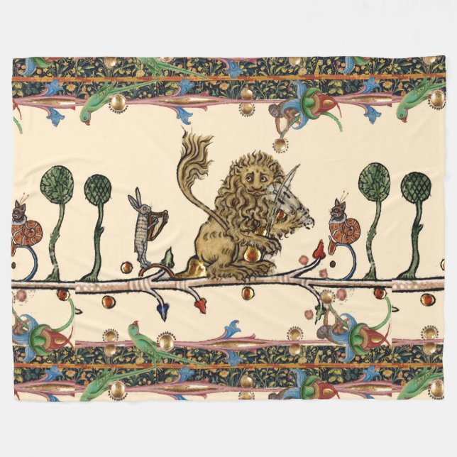 MEDIEVAL BESTIARY MAKING MUSIC Violinist Lion,Hare Fleece Blanket (Front (Horizontal))