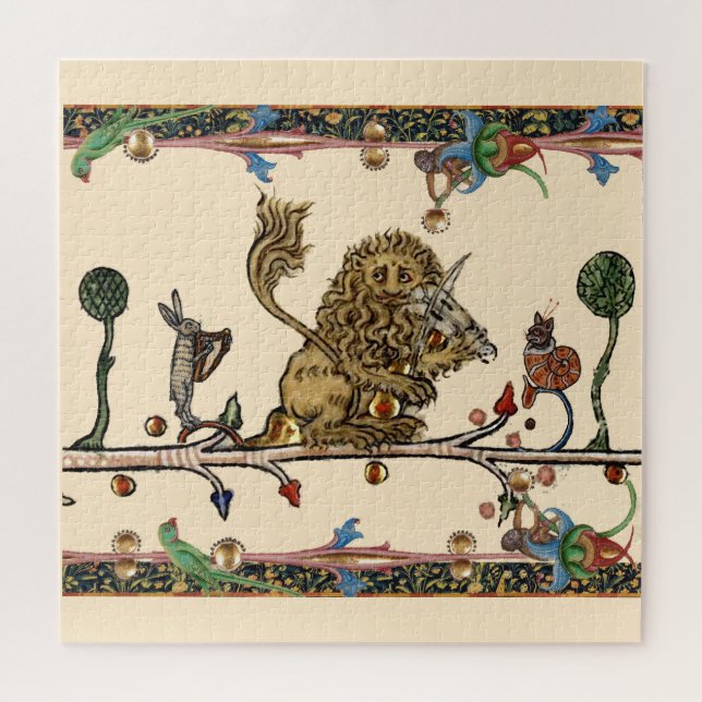 MEDIEVAL BESTIARY MAKING MUSIC Violinist Lion,Hare Jigsaw Puzzle (Horizontal)