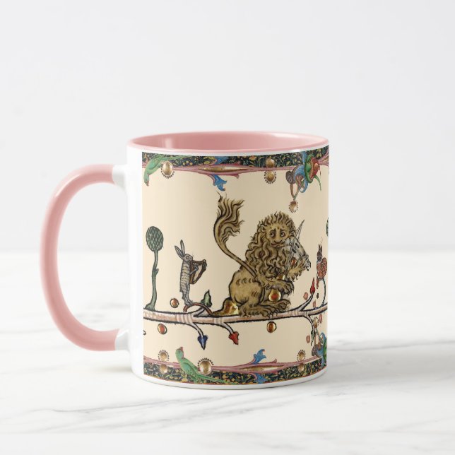 MEDIEVAL BESTIARY MAKING MUSIC Violinist Lion,Hare Mug (Left)