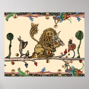 MEDIEVAL BESTIARY MAKING MUSIC Violinist Lion,Hare Poster