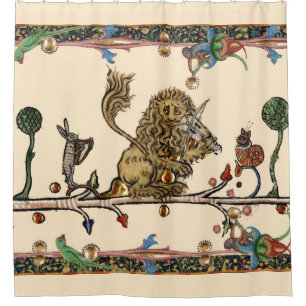 MEDIEVAL BESTIARY MAKING MUSIC Violinist Lion,Hare Shower Curtain