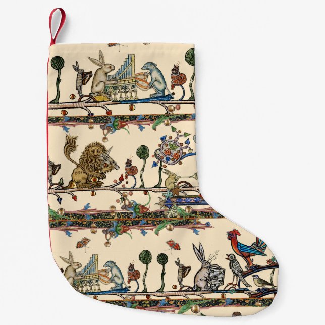 MEDIEVAL BESTIARY MAKING MUSIC Violinist Lion,Hare Small Christmas Stocking (Front)