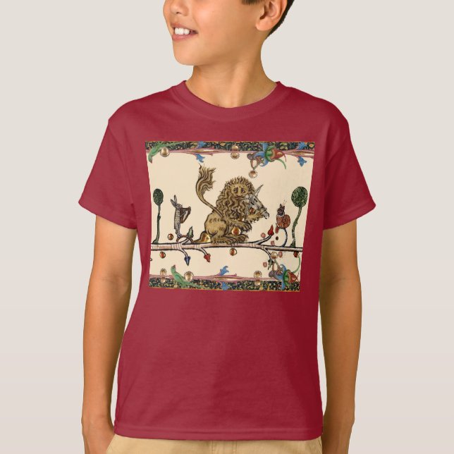 MEDIEVAL BESTIARY MAKING MUSIC Violinist Lion,Hare T-Shirt (Front)