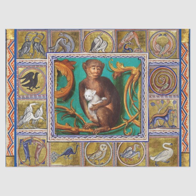 MEDIEVAL BESTIARY,MONKEY AND WHITE CAT,ANIMALS  TISSUE PAPER (Front)