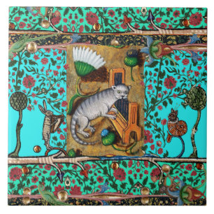 MEDIEVAL BESTIARY MUSIC,CAT PLAYING ORGAN Blue Ceramic Tile