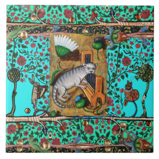 MEDIEVAL BESTIARY MUSIC,CAT PLAYING ORGAN Blue Ceramic Tile