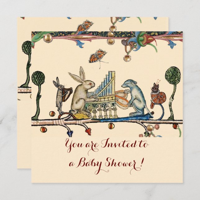 MEDIEVAL BESTIARY MUSIC Rabbit and Dog Baby Shower Invitation (Front/Back)