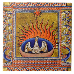 MEDIEVAL BESTIARY,PHOENIX IN RED FLAMES,LIFE TREE CERAMIC TILE