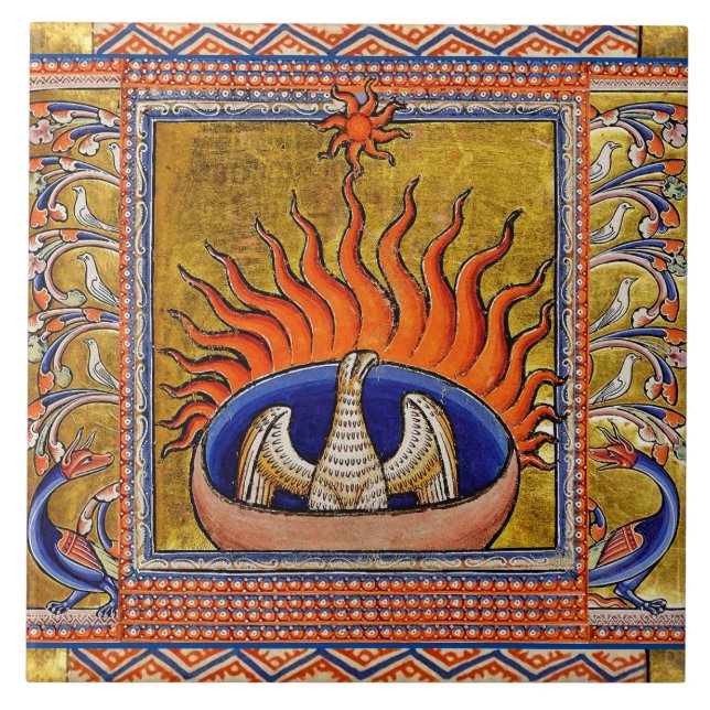 MEDIEVAL BESTIARY,PHOENIX IN RED FLAMES,LIFE TREE CERAMIC TILE (Front)