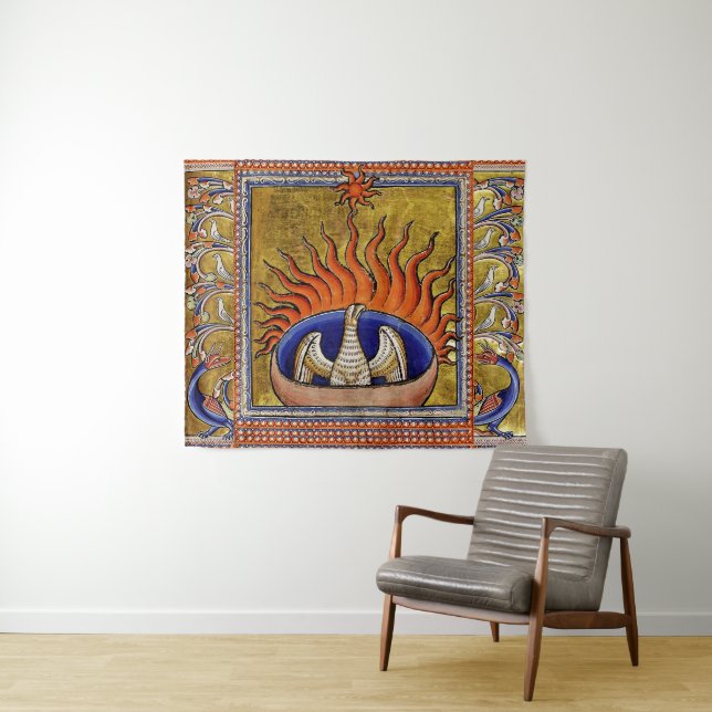 MEDIEVAL BESTIARY,PHOENIX IN RED FLAMES,LIFE TREE TAPESTRY (In Situ (Horizontal))