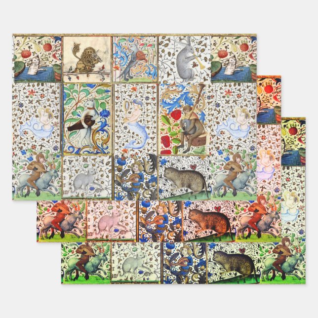 MEDIEVAL BESTIARY PLAYING MUSICAL INSTRUMENTS  WRAPPING PAPER SHEET (Set)