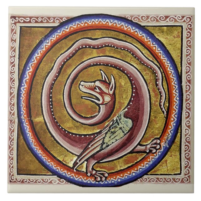 MEDIEVAL BESTIARY, SNAKE DRAGON CIRCLES CERAMIC TILE (Front)