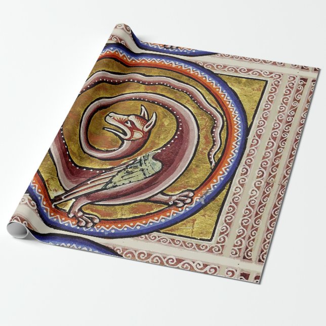 MEDIEVAL BESTIARY, SNAKE DRAGON CIRCLES  WRAPPING PAPER (Unrolled)