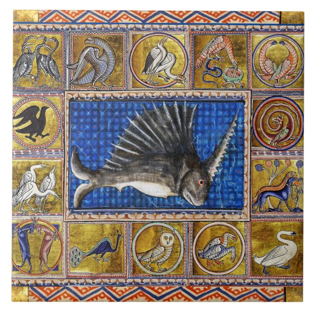 MEDIEVAL BESTIARY,UNICORN FISH ,FANTASTIC ANIMALS  CERAMIC TILE (Front)