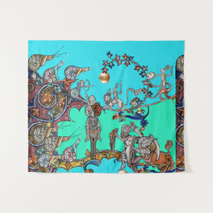 MEDIEVAL BESTIARY WAR, KNIGHTS,GIANT SNAILS Blue Tapestry