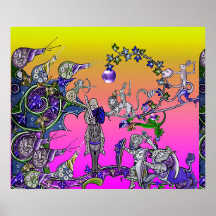 MEDIEVAL BESTIARY WAR, KNIGHTS,GIANT SNAILS Pink  Poster