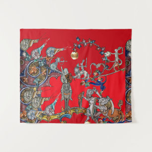 MEDIEVAL BESTIARY WAR, KNIGHTS,GIANT SNAILS Red Tapestry