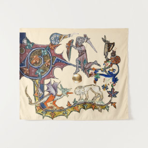 MEDIEVAL BESTIARY WAR Snail vs Knight ,Dragon.Lion Tapestry