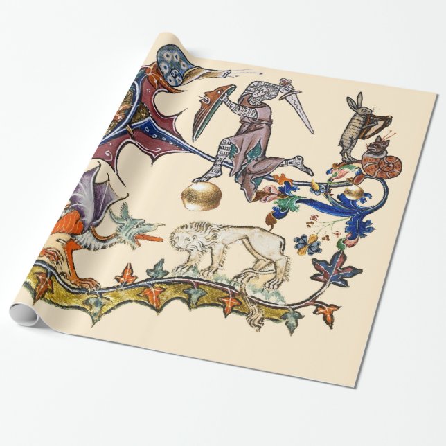 MEDIEVAL BESTIARY WAR Snail vs Knight ,Dragon.Lion Wrapping Paper (Unrolled)