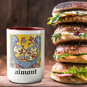 Medieval Blue and Red Ivy Illuminated Letter V Mug