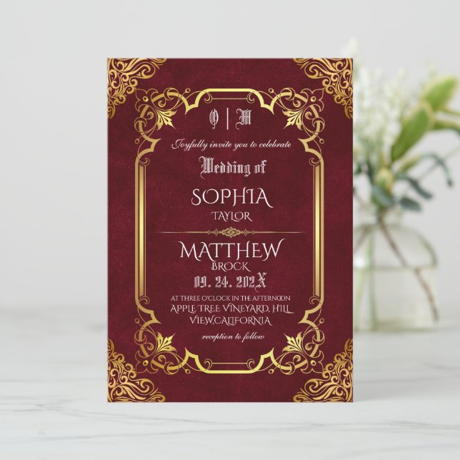 Medieval Burgundy Royal Gold Wedding Invitation (Standing Front)