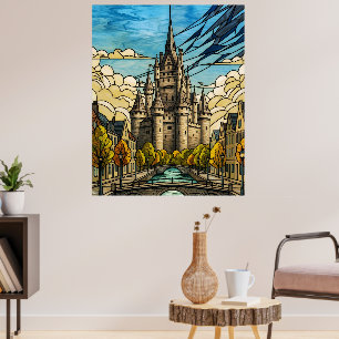 Medieval Castle over Canal Stained Glass Art Illus Poster