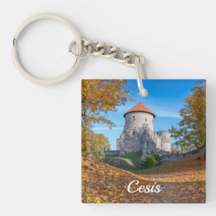 Medieval castle surrounded by forest key ring