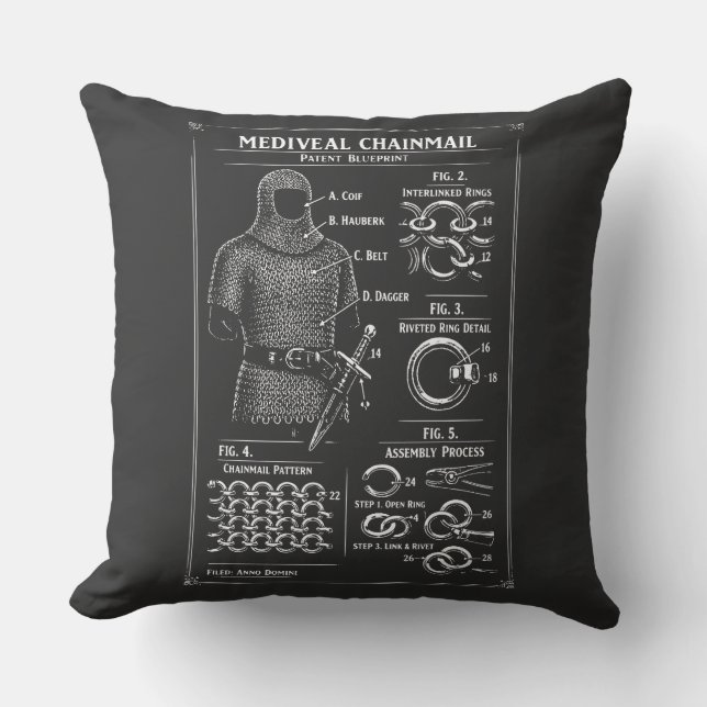 Medieval Chainmail Patent Blueprint Cushion (Front)