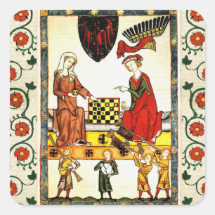 MEDIEVAL CHESS PLAYERS IN COURT AND RED WILD ROSES SQUARE STICKER