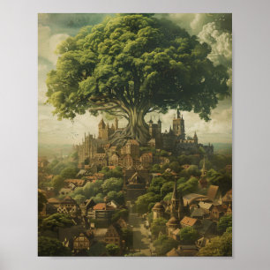 Medieval City With Giant Tree Poster