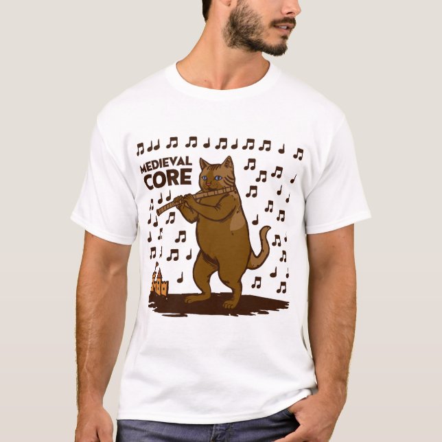 Medieval Core Funny Cat Playing Flute Art T-Shirt (Front)