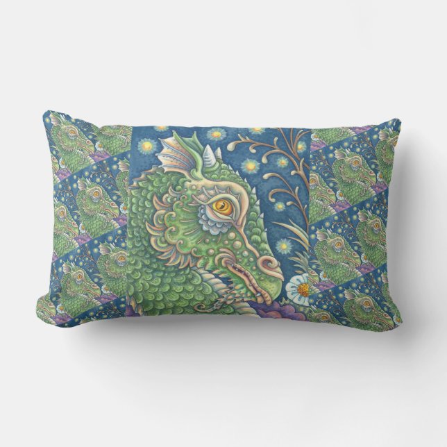 MEDIEVAL DRAGON HEAD PORTRAIT, WHIMSICAL FANTASY LUMBAR CUSHION (Front)