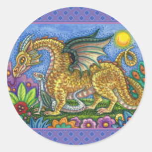 MEDIEVAL DRAGON & YOUNG, COLORFUL FOLK ART GARDEN CLASSIC ROUND STICKER