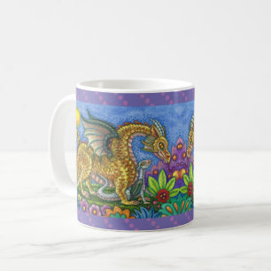 MEDIEVAL DRAGON & YOUNG, COLORFUL FOLK ART GARDEN COFFEE MUG