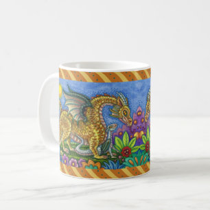 MEDIEVAL DRAGON & YOUNG, COLORFUL FOLK ART GARDEN COFFEE MUG