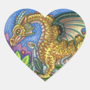 MEDIEVAL DRAGON & YOUNG, COLORFUL FOLK ART GARDEN HEART STICKER